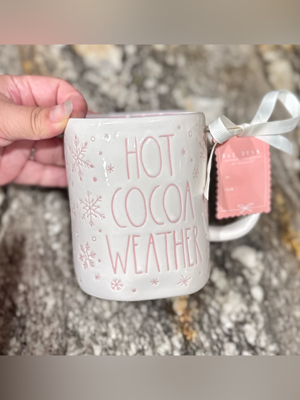 New Rae Dunn Hot Cocoa Weather Mug With Pink snowflakes